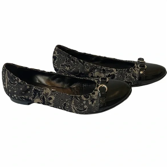 AGL Ballet Flats EU 38 / US 8 Black Patent Leather Monika Cap Toe Velvet Brocade - Picture 3 of 11